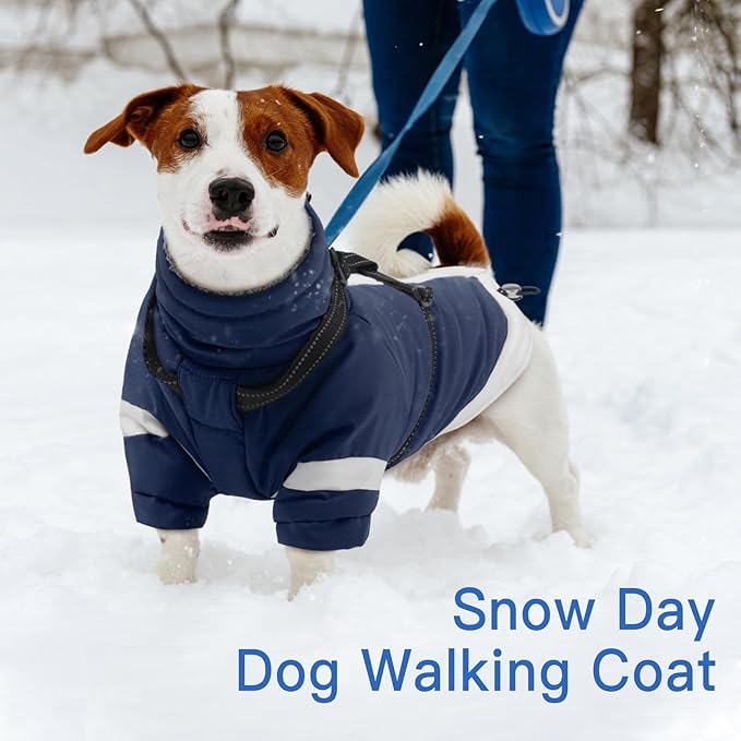 Turtleneck Dog Coat with Harness Built in - S,Soft Warm Lining | Adjustable Reflective Harness Coats for Small Dogs,Snow Day Water-Repellent,Windproof & Cold-Resistant Jacket (Navy-Blue)