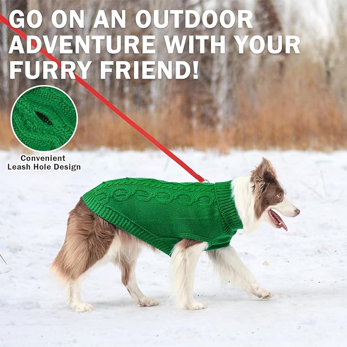 SCENEREAL XXXL Dog Sweater Boy Girl, Fall Winter Soft Warm Knitted Extra Large Dog Clothes Sweatershirt, Classic Turtleneck Pullover Outfits with Leash Hole, Pet Knitwear Apparel, Green
