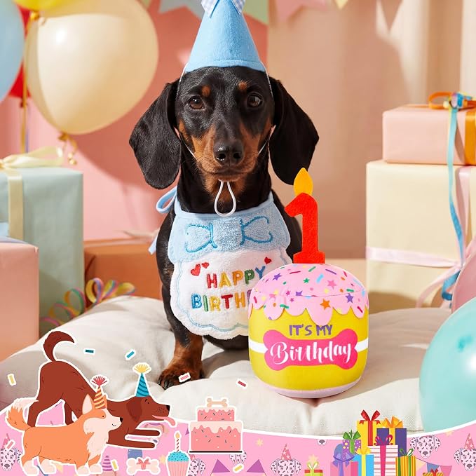 Dansydaisy Dog Birthday Cake Toy Squeaky Plush Gift,1st,Pink and Yellow
