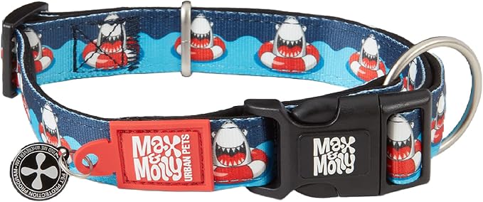 Max & Molly Urban Pets Smart ID Dog Collar - Soft Neoprene, Waterproof, Machine Washable, Power Buckle, Gotcha! QR Tag & Custom App Profile, Sharks, Medium