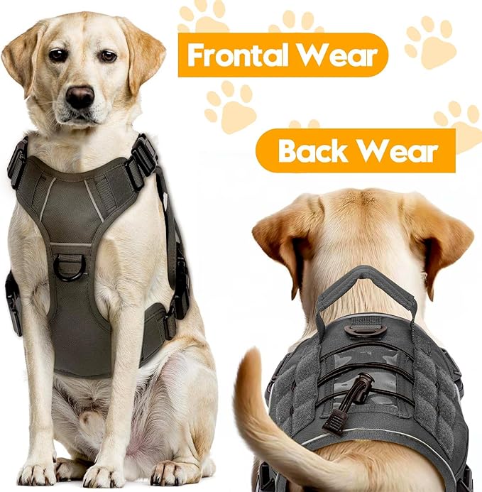 Heavy-Duty Tactical Dog Harness for Large Dogs, No Pull Adjustable Reflective Pet Vest with Molle System, K9 Military-Grade Control for Service Training, Outdoor & 10+ Breeds, Gray, Small