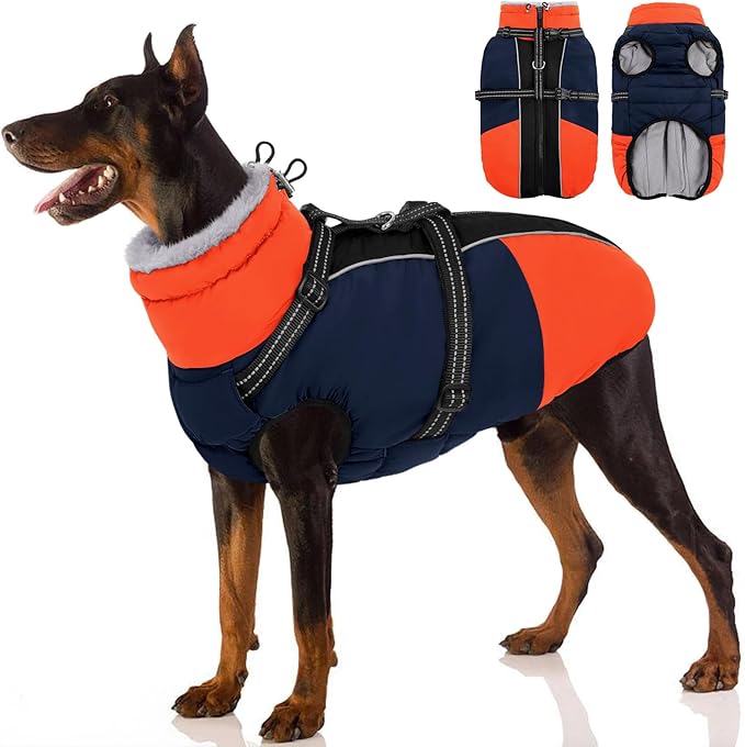 SUNFURA Dog Coat, Warm Dog Jacket with Harness Built in, Waterproof Pet Winter Coat Snowsuit with Zipper, Reflective Fleece Jacket for Extra Large Dogs, Weimaraner, Blue XXL
