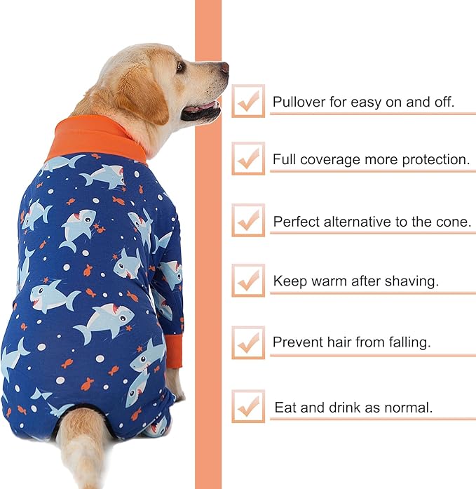 Dog Recovery Suit After Surgery Female Male, Medium Large Dog Neuter Shirt Cone Alternatives Prevent Licking Surgical Onesies (Blue Shark, 5XL)