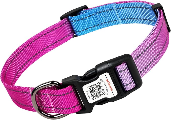 Personalized Dog Collar with QR Code Dog Tag, Blue&Rose Red M | Anti-lost, 1000D nylon, reflective, padded, XS-L(8"-24"), QR buckle shares lost pet profile, location alerts when scanned