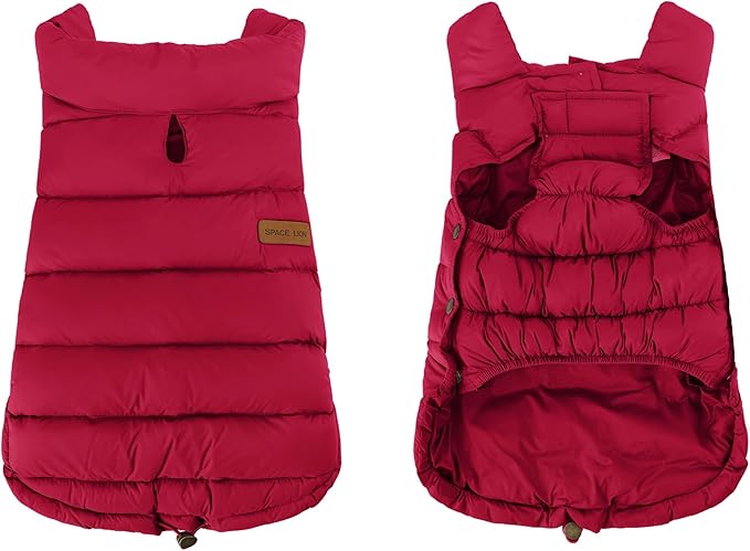 SPACE LION Dog Puffer Jacket, Down Winter Coat, Durable Outdoor Coat for Cold and Windy Conditions, Lightweight & Adjustable Fit Coats for Small & Medium Dogs, (Red, Size12/M)