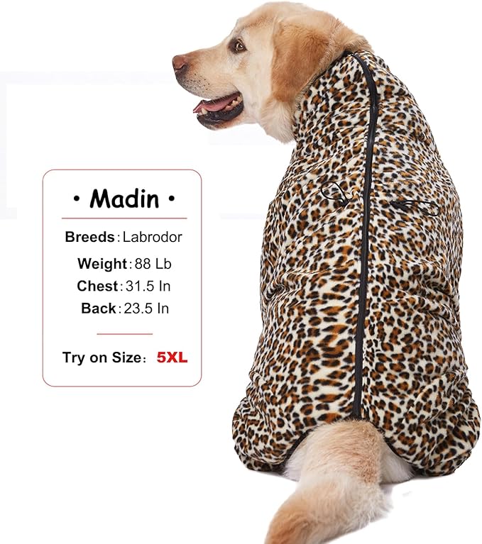Dog Winter Coat for Large Medium Small Dogs, Warm Fleece High Collar Full Body Dog Jumpsuit Comfortable Onesie Apparel (Leopard, 5X-Large)