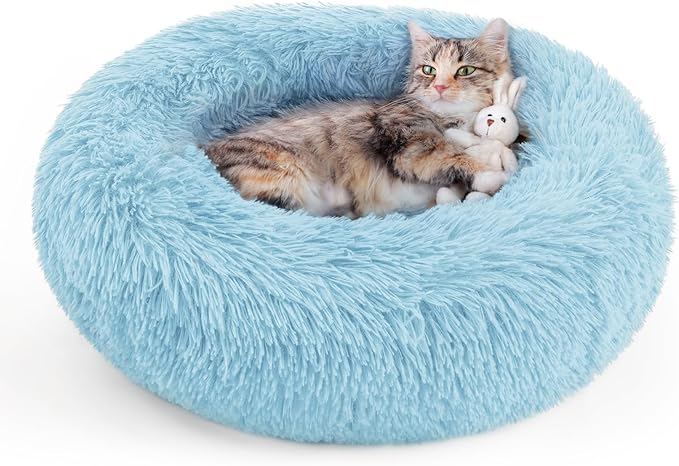 rabbitgoo Cat Beds for Indoor Cats, 20 inches Cat Bed Machine Washable, Fluffy Round Pet Bed Non-Slip, Calming Soft Plush Donut Cuddler Cushion Self Warming for Small Dogs Kittens, Light Blue, Medium