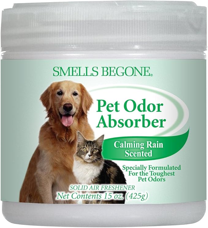 SMELLS BEGONE 15oz Gel Pet Odor Eliminator - Absorb & Remove Strong Odors from Pets, Cat Litter, Dog Poop, Urine Smells - Eliminate Whole Home Odors with Essential Oils (Calming Rain)