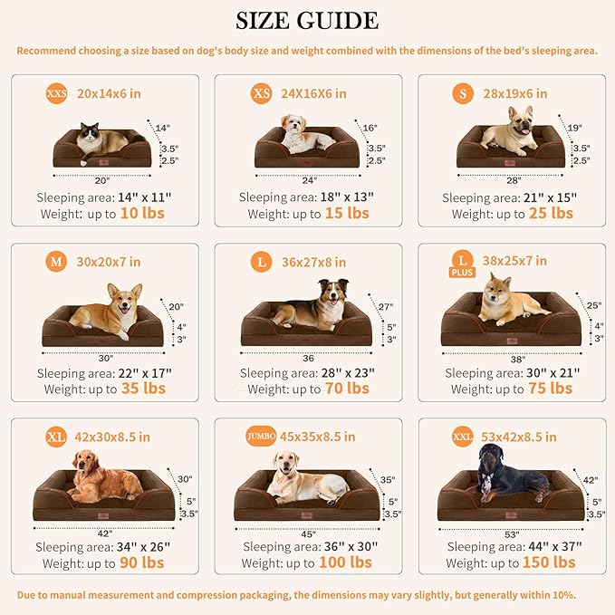 Comfort Expression Orthopedic Dog Bed for Extra Large Dogs 53x42 Inch, Waterproof Egg Crate Foam XXL Pet Bed with Removable Bolsters, Dog Couch with Washable Cover & Non-Slip Bottom, Dark Brown