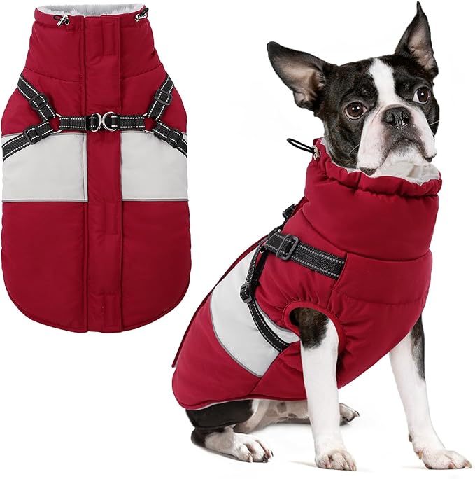 SUNFURA Small Dog Coat with Harness Built in, Warm Dog Jacket Winter with Zipper On Back, Waterproof Pet Snow Jacket Snowsuit Pet Sweater Clothes for Schnauzer, Yorkshire Terrier, Burgundy S