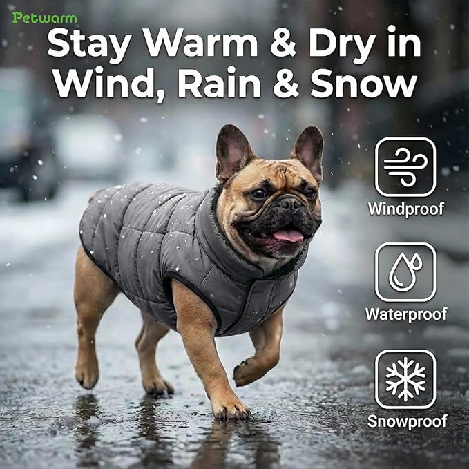 PetWarm Reversible Dog Cold Weather Coats, Waterproof Dog Puffer Vest, Vest for Dogs with Hook-and-Loop Strap, Windproof Outdoor Coat for Winter Walks and Snowy Days, Grey, L
