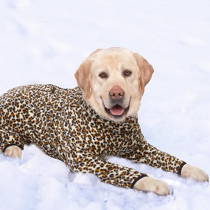 Dog Winter Coat for Large Medium Small Dogs, Warm Fleece High Collar Full Body Dog Jumpsuit Comfortable Onesie Apparel (Leopard, 5X-Large)