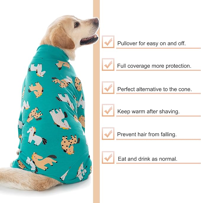 Dog Recovery Suit After Surgery Female Male, Medium Large Dog Neuter Shirt Cone Alternatives Prevent Licking Surgical Onesies (Green Pony, 3XL)
