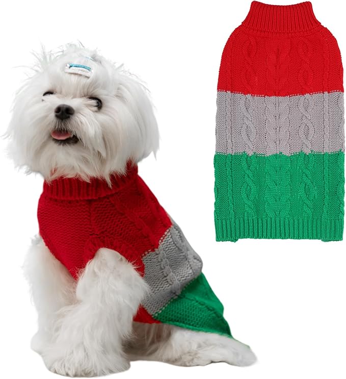 EXPAWLORER Dog Sweater - Small Dogs Fall Sweaters for Girls Boys,Classic Turtleneck Knitwear Dog Clothes for Cold Weather, Cable Knit Dogs Outfit,Coat,Pet Apparel Gift(Red&Green,S)