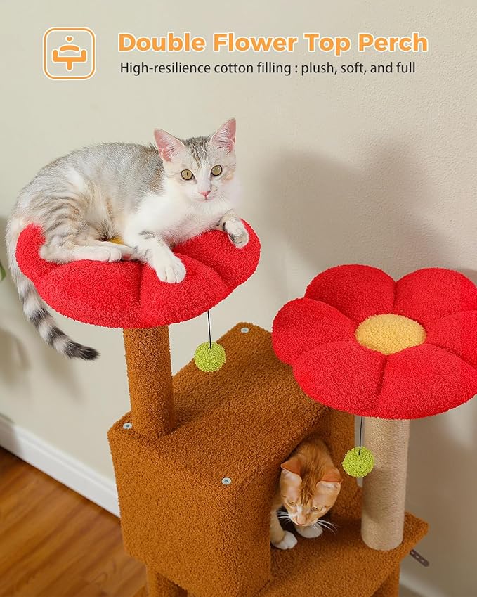 MUTTROS Cat Tree for Indoor Cats, 52.4" Tall Cat Tower with 2 Flower Perches, 2 Cozy Condos & 2 Sisal Scratching Posts - Multi-Level Kitty Climbing Furniture, Pet Playhouse for Adult Cats, Brown/Red