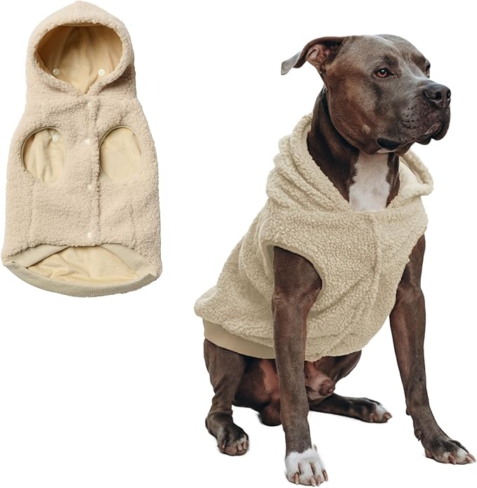 Spark Paws Fleece Dog Jacket, Hooded Sweater Vest, Warm Coat for Winter - Suitable for Small Medium Large XL XXL Breeds - Beige - 4XL