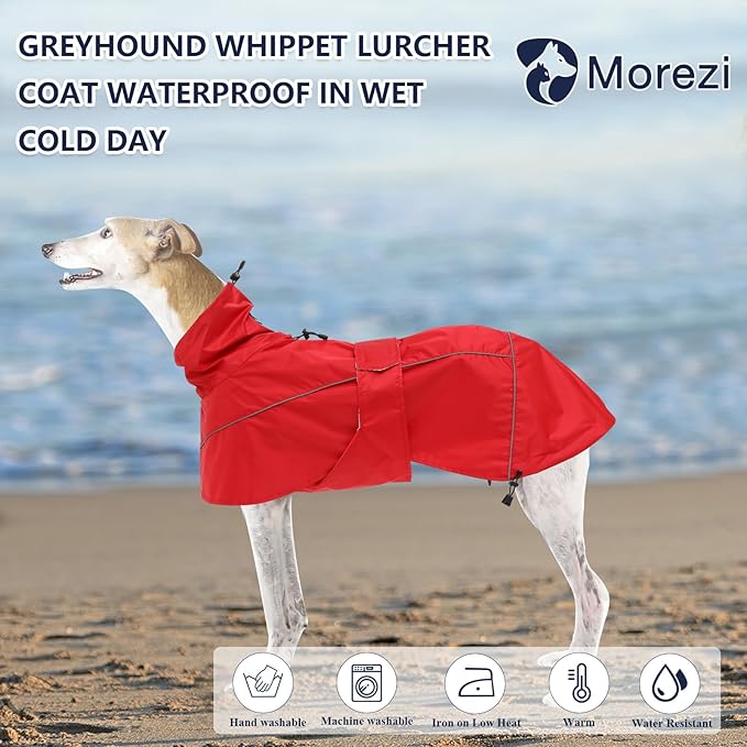 Greyhound Lurcher Raincoat, Whippet Rain Gear with Reflective Bar, Rain/Waterproof, Adjustable Bands and Drawstring in Autumn and Winter - Red - XS