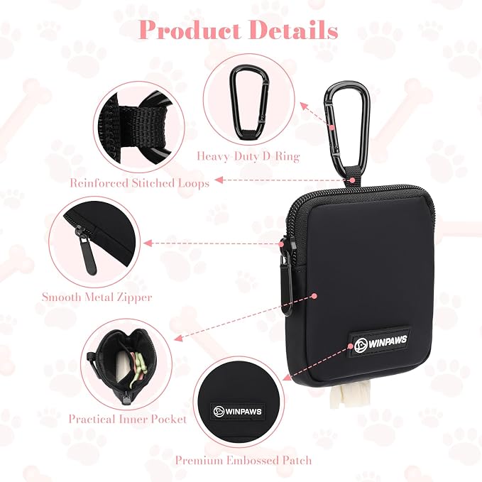 Dog Treat Pouch with Training Clicker,Waterproof Nylon Fabric Poop Bag Holders for Leashes,Hands Free Small Dog Walking Bag with Carabiner, Pet Puppy Training Walking Essentials (Black)