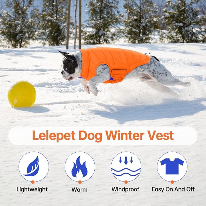 Lelepet Reversible Dog Coat Waterproof Dog Jacket Windproof Puffer Vest for Winter Warm Lightweight Coats for Small Dogs Adjustbale Hook & Loop Pet Apparel with Leash Hole, Chihuahua, Orange, XS