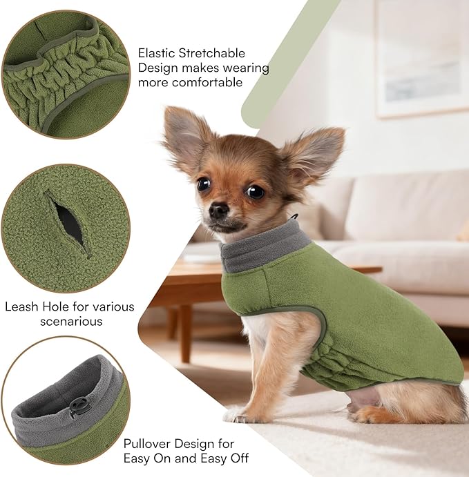 Queenmore Dog Sweater,Soft Fleece Vest Pullover Dogs Jacket with Elastic Stretchable,Warm Winter Dog Coats Cold Weather Doggy Dachshund Sweaters for Small Dogs Cats Boy or Girl (Green, L)