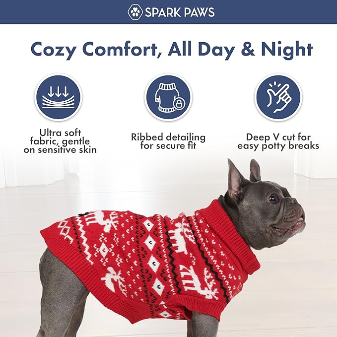 Spark Paws Christmas Dog Sweater – Ultra Soft Holiday Knit Sweater for Small, Medium & Large Dogs, Cute Pet Sweater for French Bulldogs & Big Dogs, Easy Potty V Cut Design Jacket - (Dasher Red,M)
