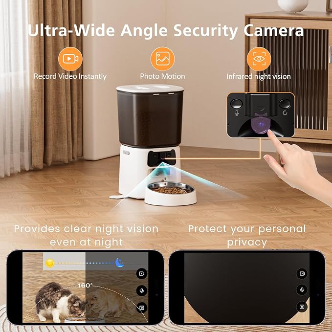 Automatic Cat Feeder with Camera, 4L WiFi Smart Pet Feeder with APP Control, 1080P HD Video, Night Vision,Voice Call, Motion Detection, Dual Power Supply, Stainless Steel Bowl,Supports 5GHz/2.4GHz
