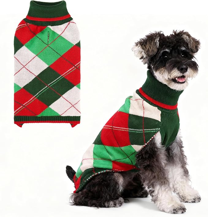 KOOLTAIL Dog Christmas Sweater Pet Knitted Clothes - Classic Plaid Pull Over Turtleneck Dog Sweaters with Leash Hole Warm Dogs Winter Clothing for Small Medium Dogs Cats Puppy Boy Girl Red & Green SM