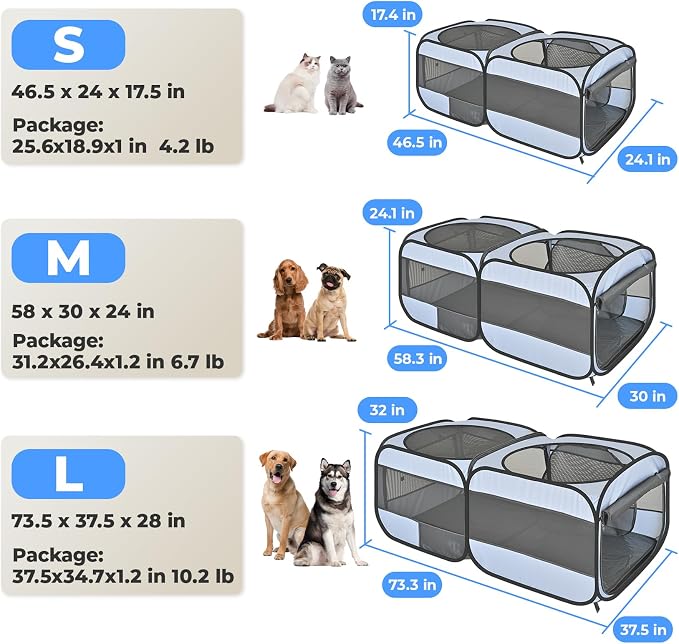 2-in-1 Pop Up Puppy Playpen, Detachable into 2 Separate Pens with Additional Doors, Assembly-Free Portable Cat Dog Crates Pet Pen Tent Kennel Kitten Enclosure Cage Indoor Outdoor Foldable Condo(L)