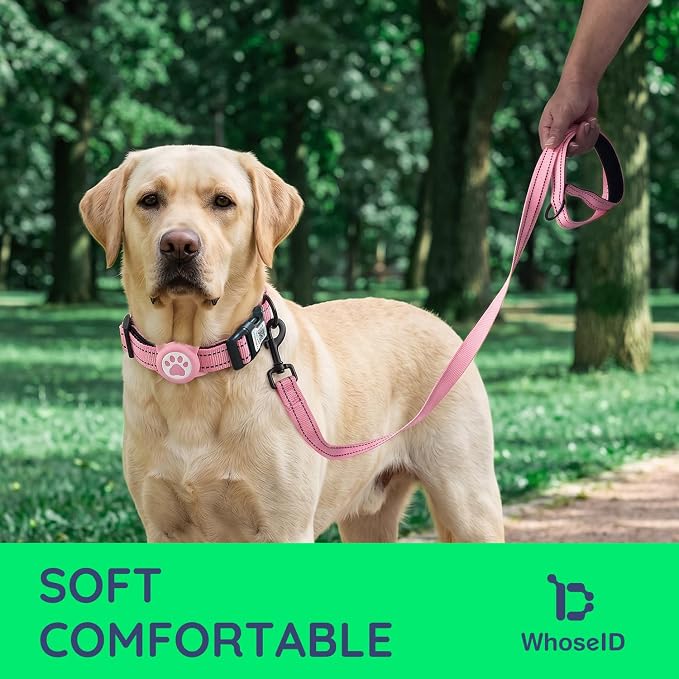 Airtag Dog Collar and Leash Set,Reflective Ultra-Durable Nylon Padded with QR Buckle & IP68 Waterproof Air Tag Holder Compatible for Apple AirTag, Comfortable for Small Medium Large Dogs (Pink Set,L)