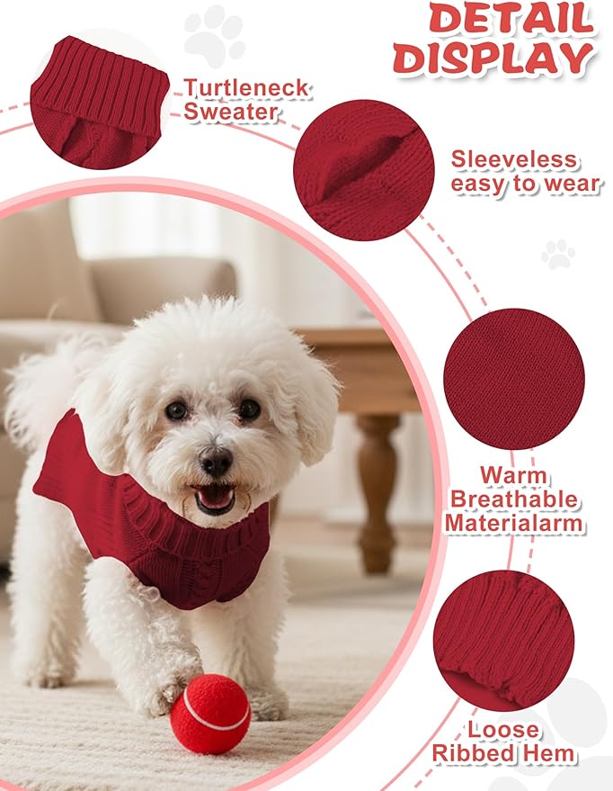 2PCS Dog Christmas Sweater, Soft Warm Pet Clothes Coat for Small Medium Large Dogs and Cats Boy Girl, Fall Cozy Holiday Turtleneck Knitting Collar Pullover Pup Outfit Costume for Thanksgiving New Year