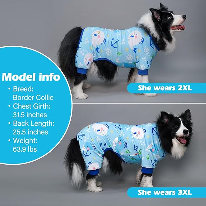 KYEESE Dog Pajamas Stretchy Pet Jammies Coat Comfy Pet Onesie Costume Velvet Dog Pajamas Small Sized Dogs Soft Dogs Clothes Pjs with Whale Pattern, Large