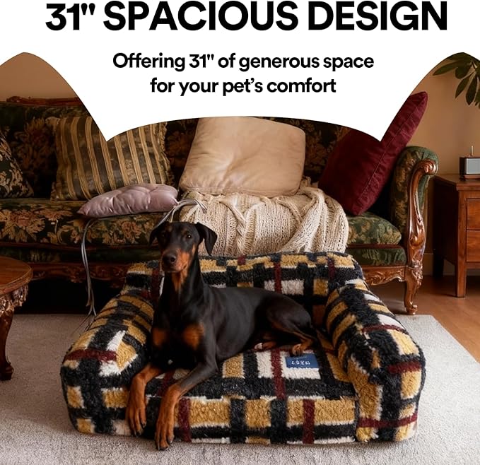 ZEZE Vintage Furniture Style Sofa Pet Bed - Washable Plush Dog & Cat Couch, Retro Style Pet Furniture, Soft Cozy Support for Pets (Medium, Mondrian Check Pattern)