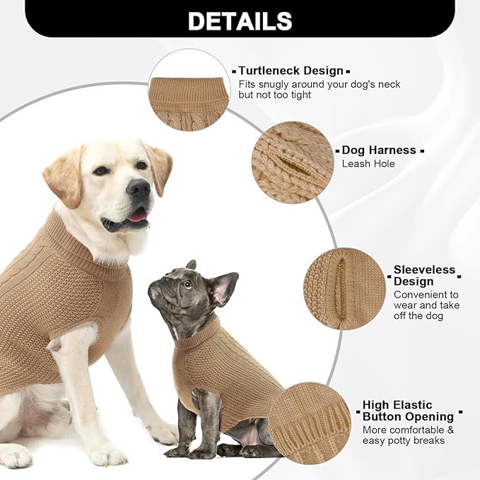 XXL Dog Sweater, Classic Cable Knit Warm Dog Sweatshirt with Reflective Yarn for Girl Boy, Halloween Fall Winter Coat Turtleneck Pullover Clothes Apparel for Small Medium Large Dogs, Khaki XXL