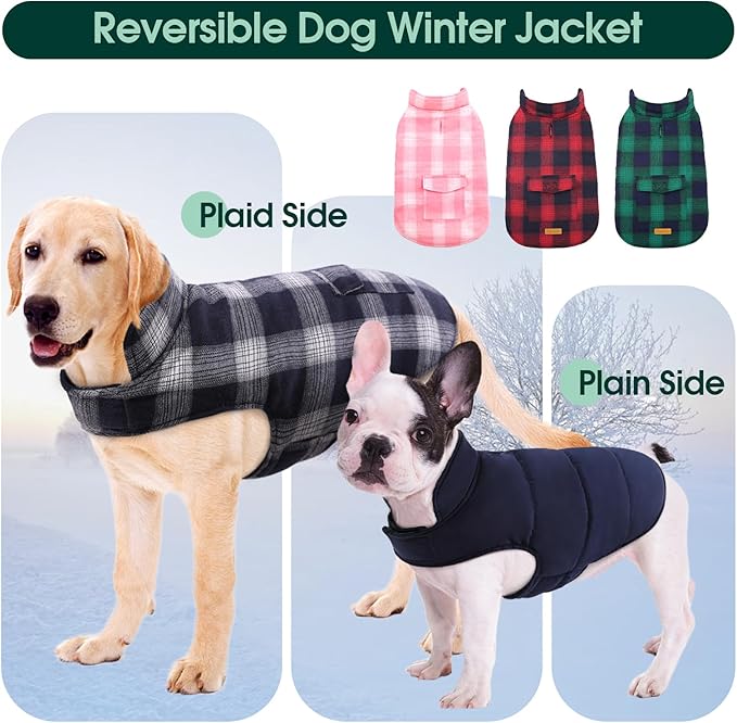 Kuoser Reversible Winter Coat, British Style Jacket for Small Medium Dogs - Warm, Windproof Puppy Cold Weather Vest, Blue M