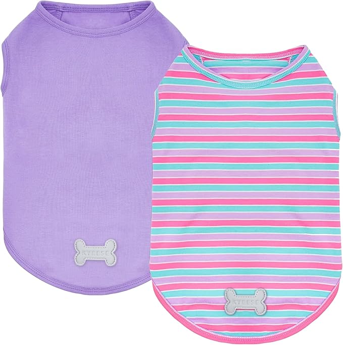 KYEESE 2Pack Dog Shirt, Soft Striped Dogs T Shirts, Lightweight Doggie Tank Top Cat Clothes, Sleeveless Dog Shirt for Small Dogs, Stretchy Pet Vest, Purple+Blue Striped, Medium