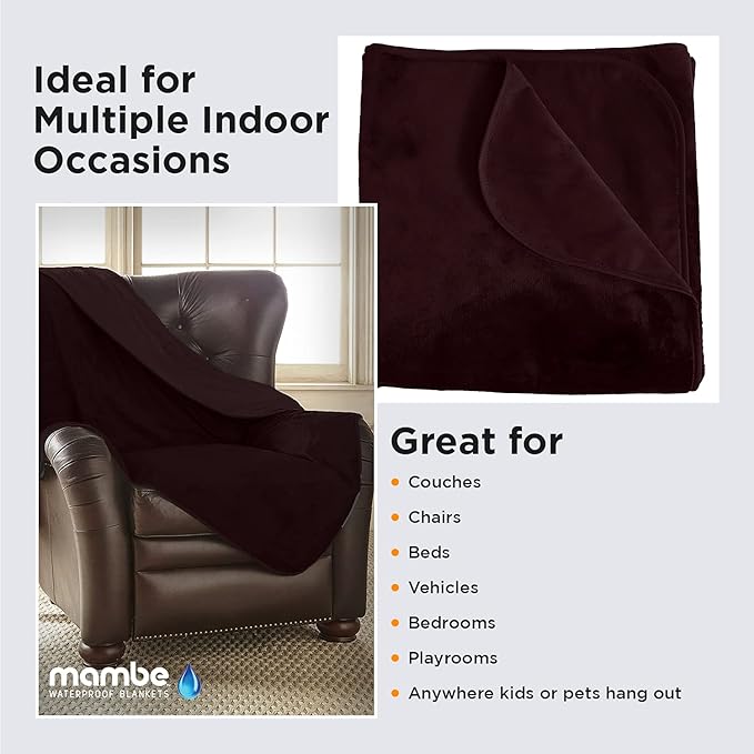 Mambe Silky Waterproof Throw for Protecting Furniture Bed Couch from Stains Caused by Dogs, Cats, Incontinence. Soft, Washable, Reversible. (Size Large 70x90 inches, Color Merlot)