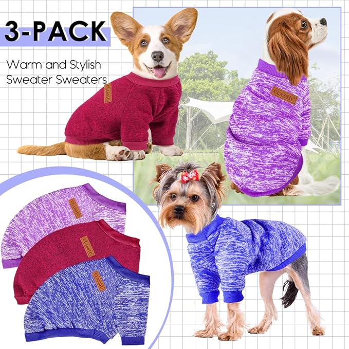 3 Pack Dog Sweaters for Small Dogs Girl Boy Winter Fleece Clothes Warm Soft Dog Sweatshirt Outfit for Dogs Cats Pet Apparel (Purple+ Wine Red+Dark Blue, Small)
