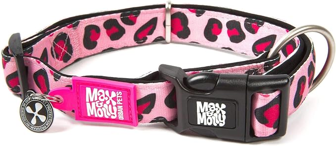 Max & Molly Urban Pets Smart ID Dog Collar - Soft Neoprene, Waterproof, Machine Washable, Power Buckle, Gotcha! QR Tag & Custom App Profile, Leopard Pink L