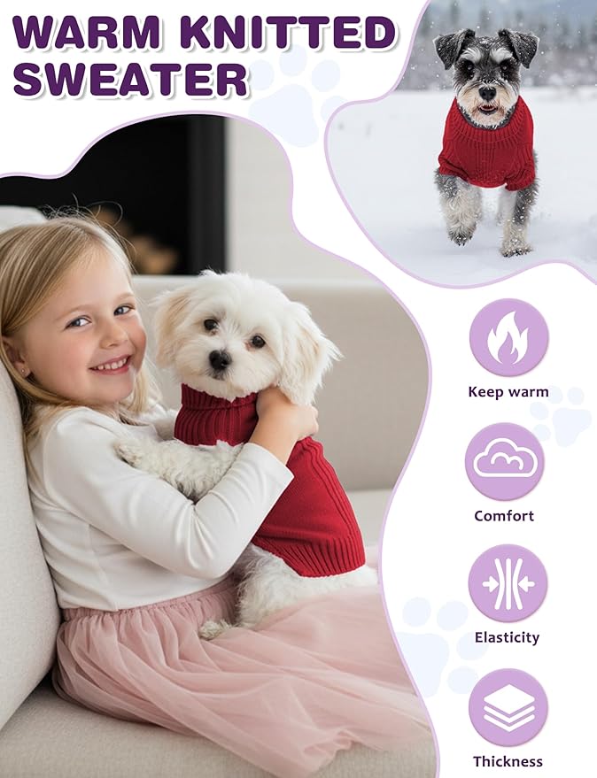 Dog Sweaters for Small Medium Large Dog, Classic Turtleneck Pet Clothes Warm Thermal Doggy Winter Coat, Thick Double Knitting Collar Pullover Cold Weather Puppy Jacket for Indoor & Outdoor Wear