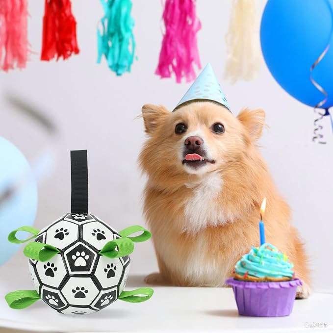 Dog Soccer Ball with Straps, 6 Inch Herding Dog Ball Toys Dog Birthday Toy, Balls for 20-40lbs Dogs, Outdoor Puppy Toys to Keep Them Busy, Interactive Toy for Tug, Pool Water Toy Ball