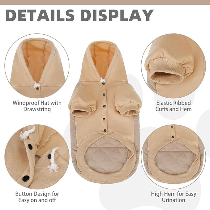 KOOLTAIL Warm Dog Winter Coat for Small Dogs, Waterproof Puppy Jacket with Leash Hole, Cold Weather Pet Vest for Winter, Soft Pet Hoodie Sweater Sweatshirt Clothes for Puppy Cats Girls Boys Beige M