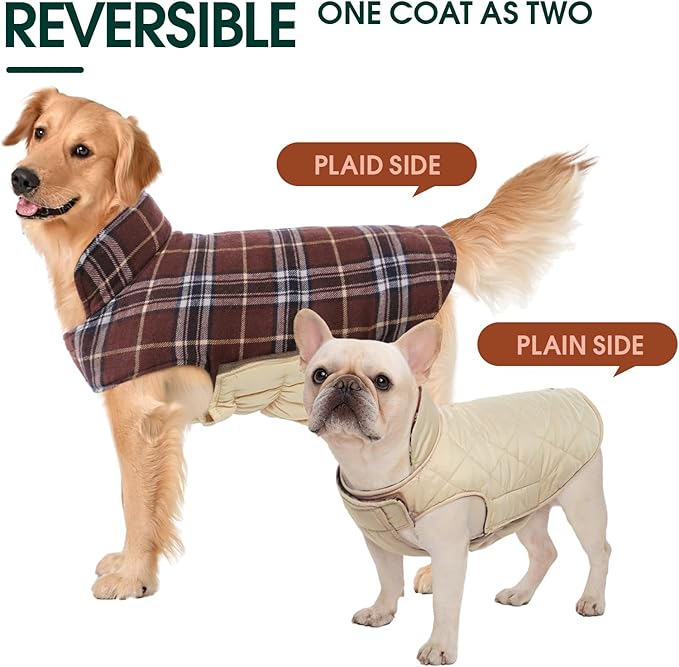 Kuoser Waterproof Dog Coat, Reversible Dog Jacket for Large Dogs, Adjustable Durable Doggie Winter Coat for Groowing Puppies Warm Puppy Cold Weather Apparel, Brown L