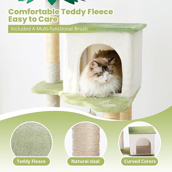 HYABi 64.5-Inch Cute Avocado Flower Large Tall Garden Cat Tree Tower Condo House Furniture Bed Plush Ball Activity Platform Multi-Level with Scratching Posts for Indoor Cats Play