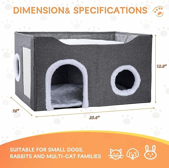 Gosipeya Cat House for Indoor Cats – Foldable Cat Cave & Covered Cat Bed, Cozy Hideaway for Small Pets and Large Cats (23.6"x16"x12.8"),Dark Grey