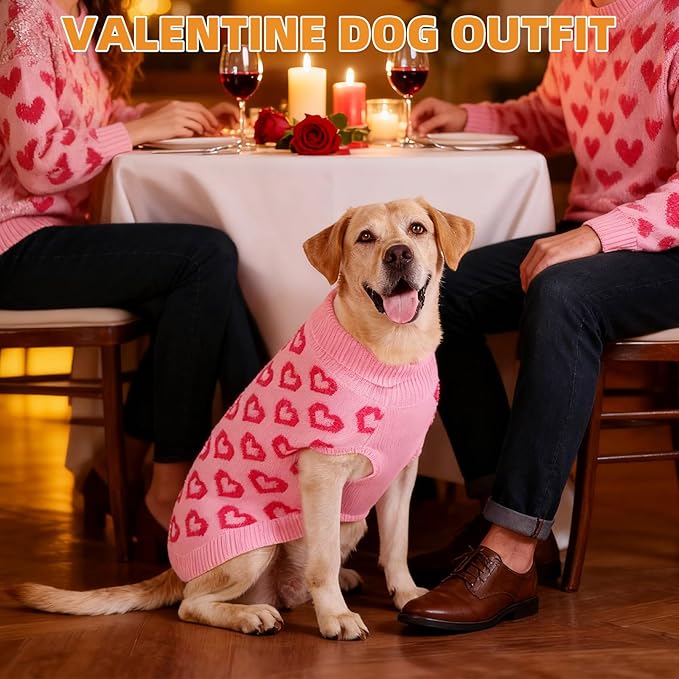 KOOLTAIL Valentine's Day Dog Sweater, Cold Weather Dogs Knitted Sweater Turtleneck Pullover, Pet Sweater with Heart Pattern, Warm Winter Clothes for Small Medium Large Dogs Cat Boy Girl, Pink L