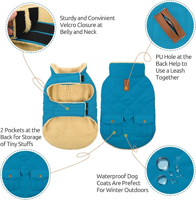 Queenmore Dog Winter Coat Warm Puffer Jacket Waterproof Plush Lining Thermal Cold Weather Vest for Small Medium Large Dogs, Windproof Easy On Pet Jacket Blue XL