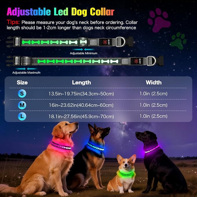 Flashseen LED Dog Collar Light up USB Rechargeable, 7-Color Glow, Grey, M