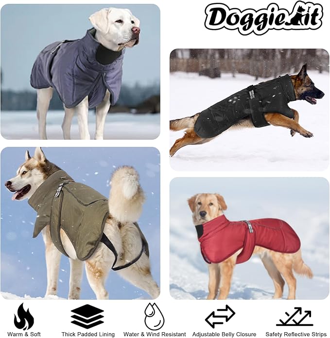 DoggieKit Dog Winter Coat, Waterproof Warm Jacket with Harness Built in, Reflective Cold Weather Doggie Vest, Windproof Turtleneck Pet Snowsuit, Adjustable Puffer Jacket for Large Dogs, Green 5XL