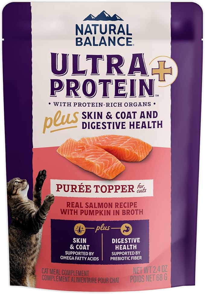 Natural Balance Ultra Protein Plus Wet Cat Food, Skin & Coat and Digestive Health Real Salmon With Pumpkin Puree Topper With Chicken Liver & Chicken Heart, High Protein Cat Food - 2.4 oz. (Pack of 24)