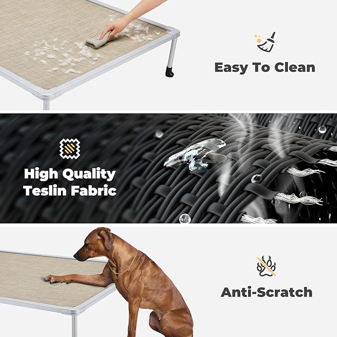 Veehoo Chewproof Elevated Dog Bed - Cooling Raised Pet Cot, Breathable Mesh, Washable & Non-Slip for large Dogs, Indoor/Outdoor, Beige Coffee Mat and Silver Metal Frame, 59x37inches (Model CWC2203B03)